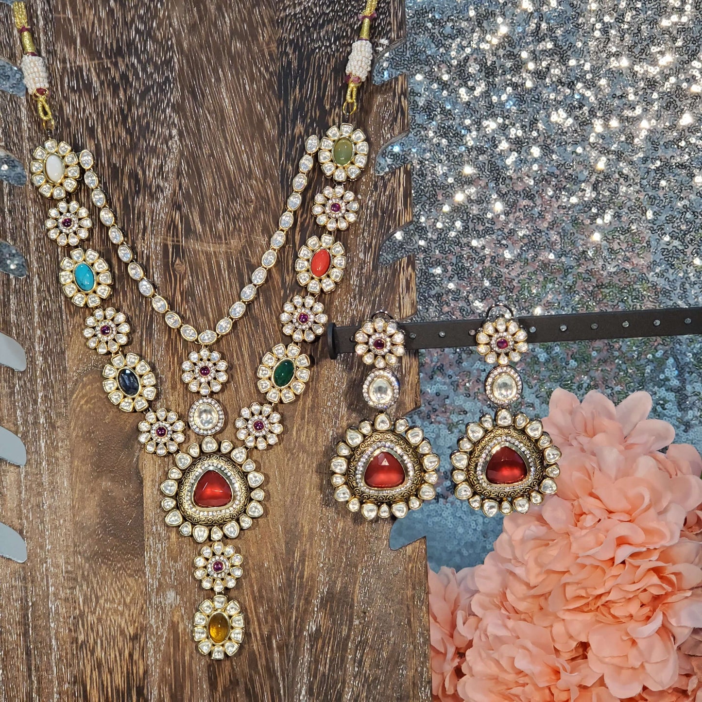 Marudhara Polki Necklace (Navratna) Set (SL# RJ1)