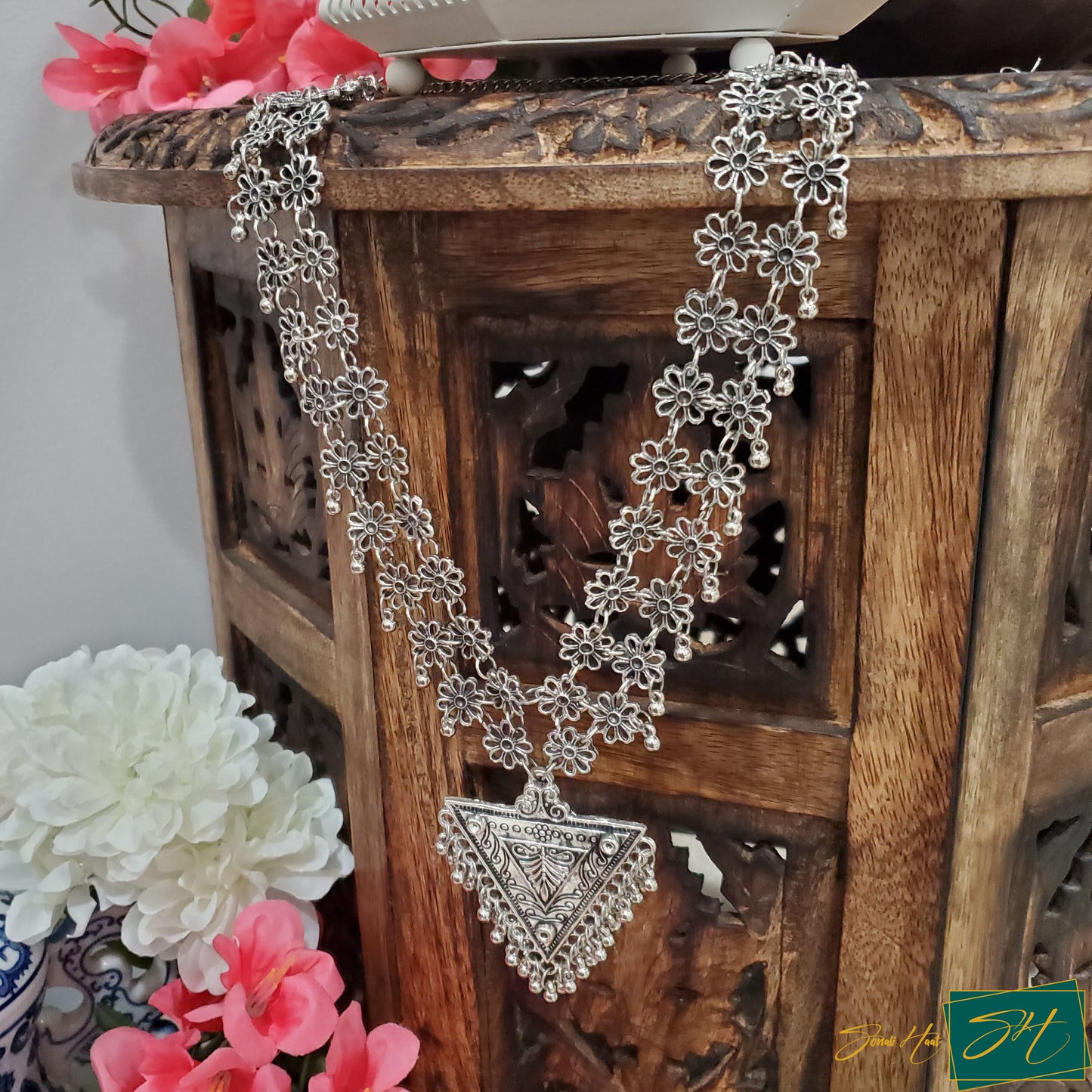 Silver Floral long chains with Triangular Pendant (SL#21)