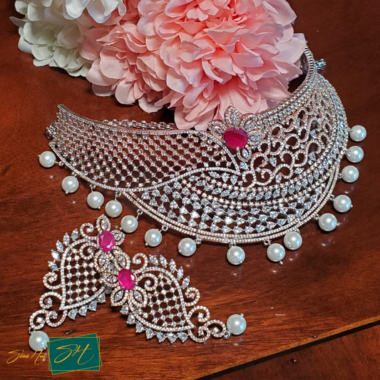 Bridal AD Ruby Choker Necklace Set (SL# RJ97)